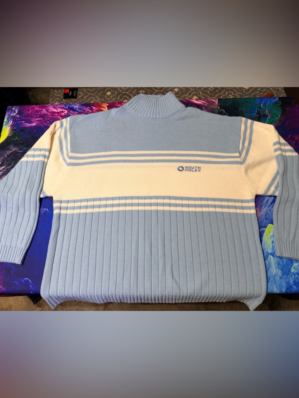 Vintage South Pole Light Blue & White Striped Turtleneck Sweater Size 5XL